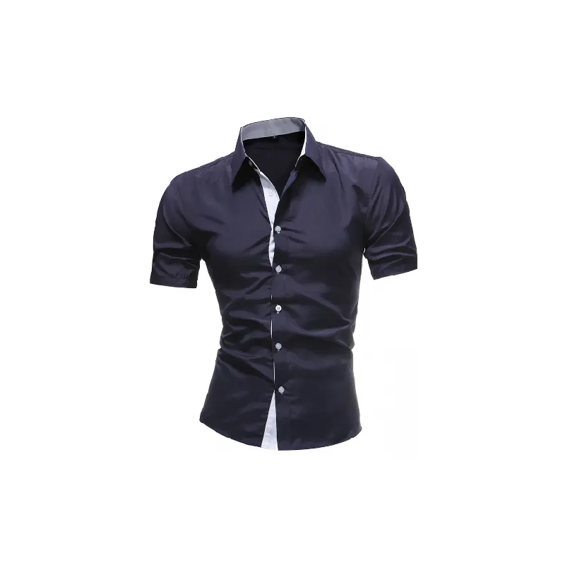 Casual Contrast Color Short Sleeved Cotton Blended Fabric Shirt-4