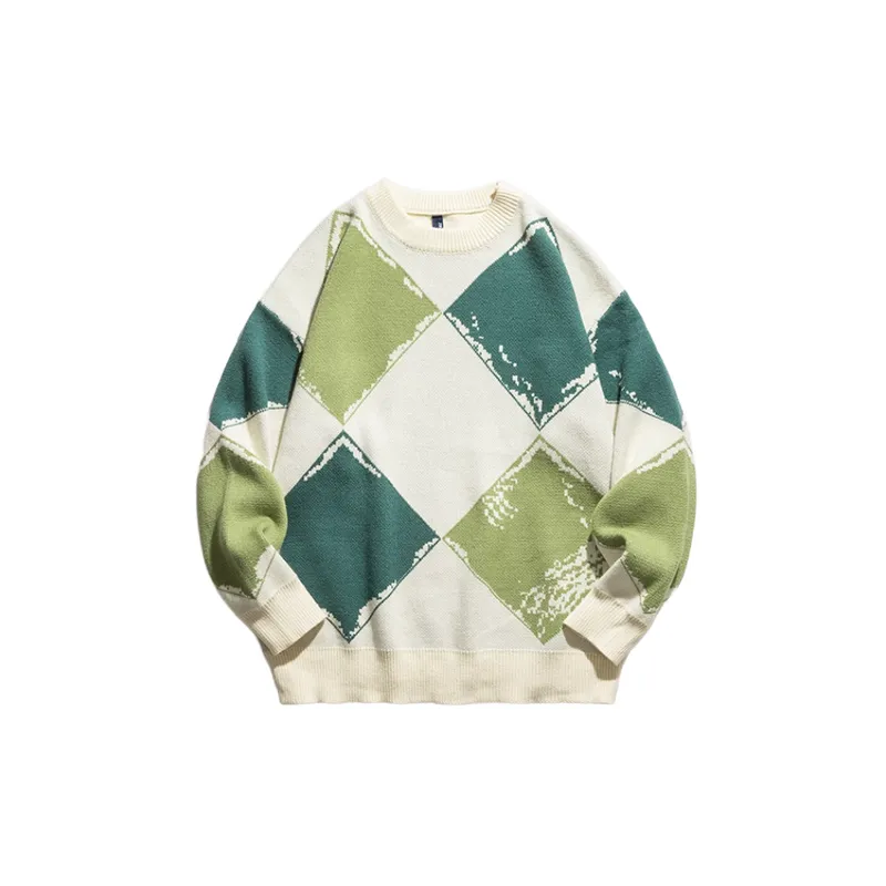 Contrast Color Plaid Crewneck Sweater-8