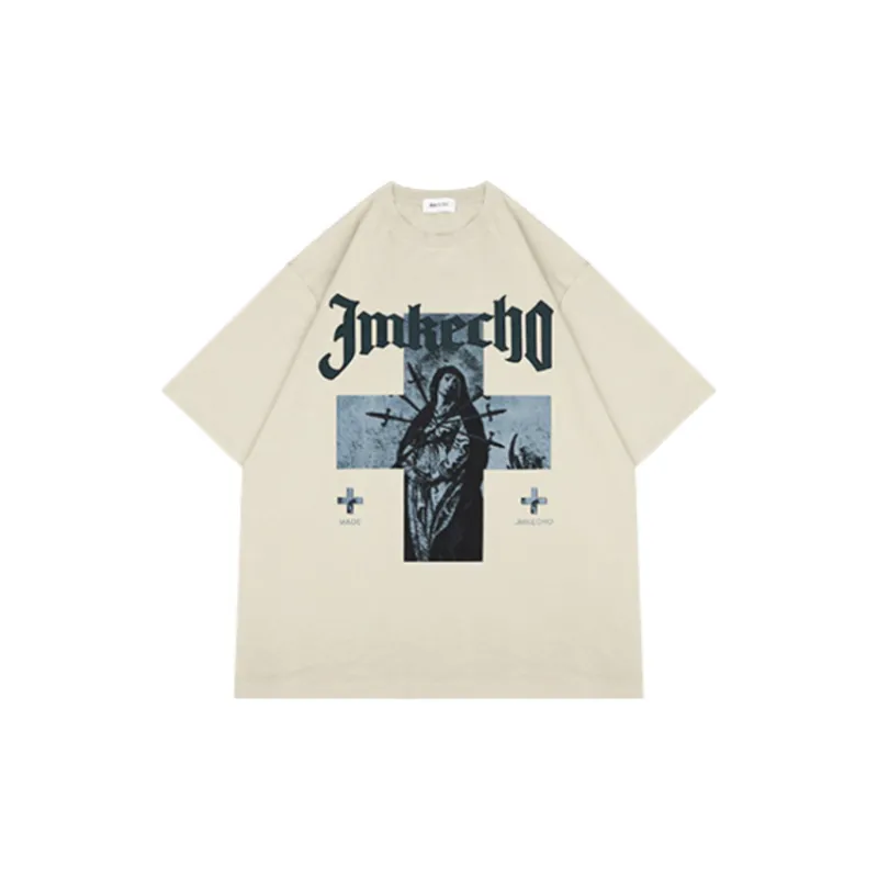 Retro Antique Washed Cross Figure Print T shirt-0