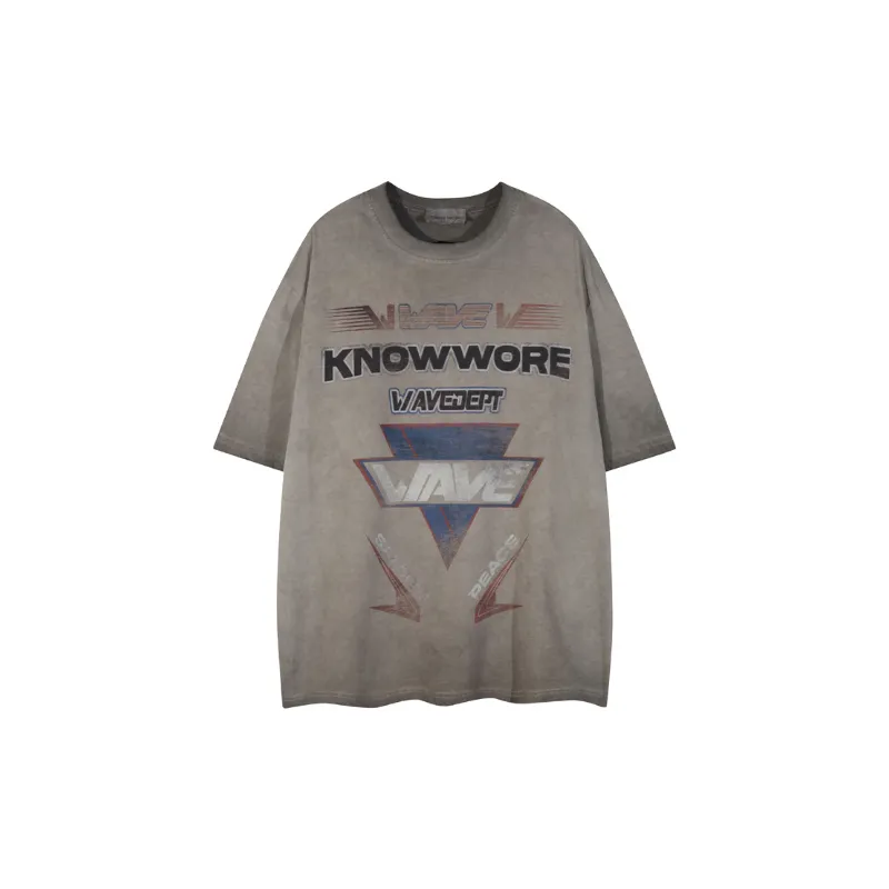 Retro Style Print Washed Sports T Shirt-0