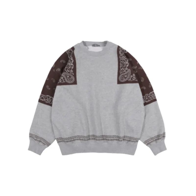 New Fashion Brand Retro Cashew Flower Stitching and Velvet Crewneck Loose Sweatshirt-0