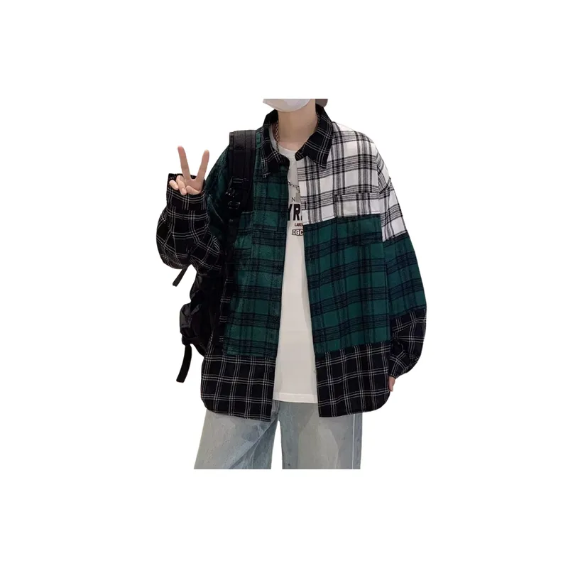 Stitching Plaid Long sleeved Shirt-1