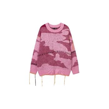 Retro Loose Contrast Color Cotton Blended Fabric Sweater