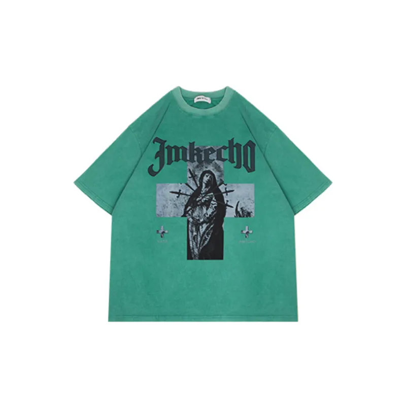 Retro Antique Washed Cross Figure Print T shirt-6