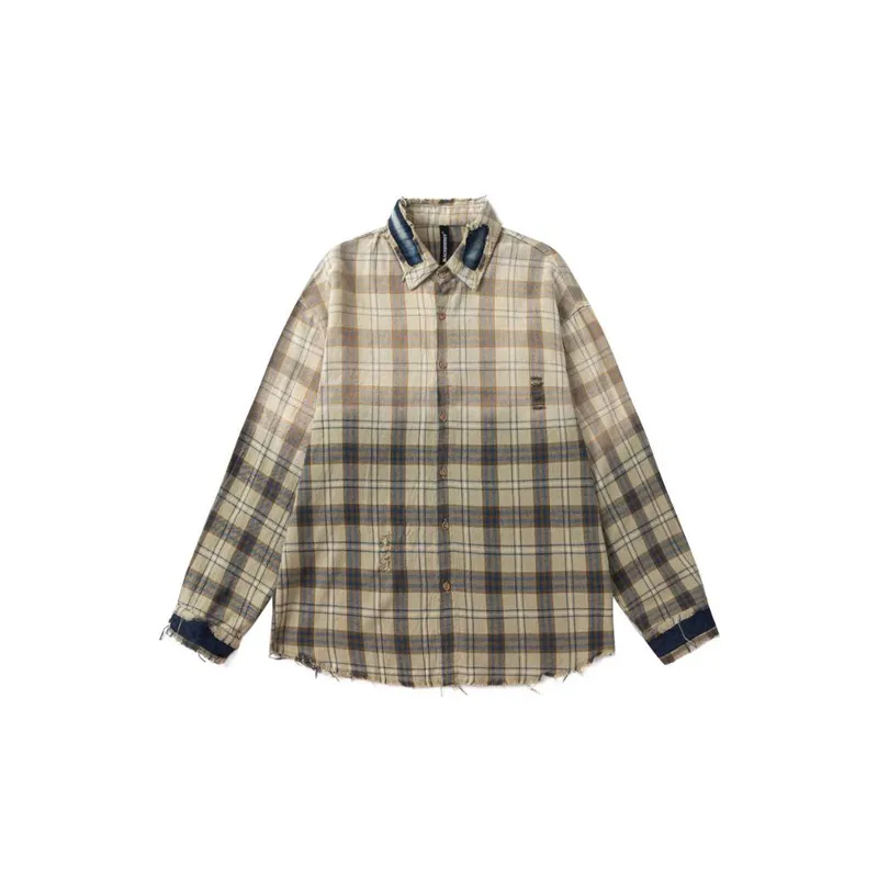 Vintage Hanging Dye Washed Hole Ancient Plaid Shirt-0