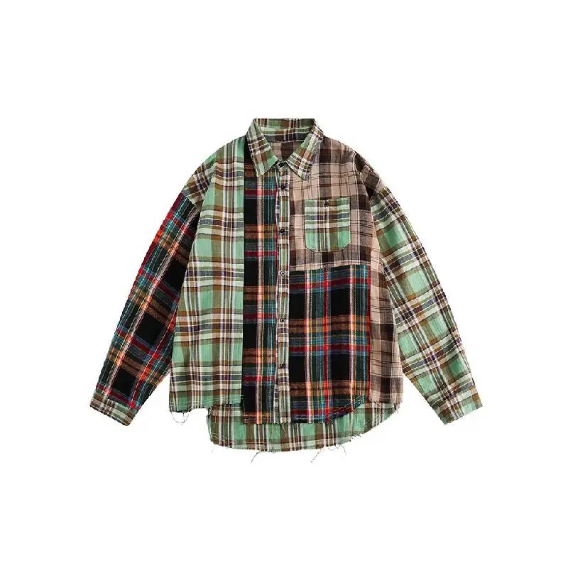 Irregular Patchwork Plaid Long Sleeved Shirt
