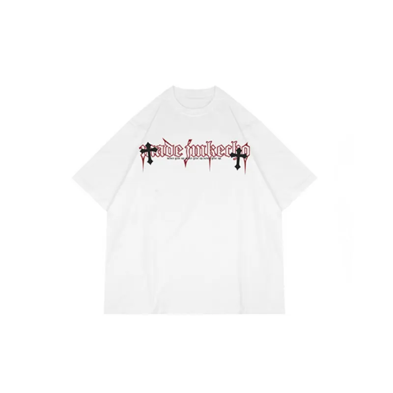 Vintage Cross Printed Washed Short sleeved T shirt-10