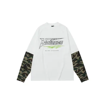 Tide Fake Two Pieces Printed Camouflage Splicing Shirt
