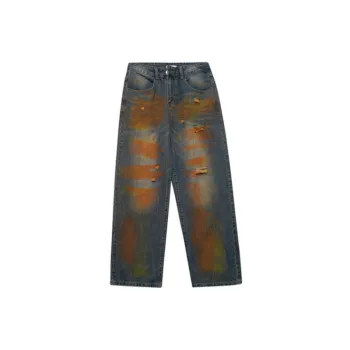 Hip hop Retro Denim Loose Street Contrast Graffiti Print Ripped Pants
