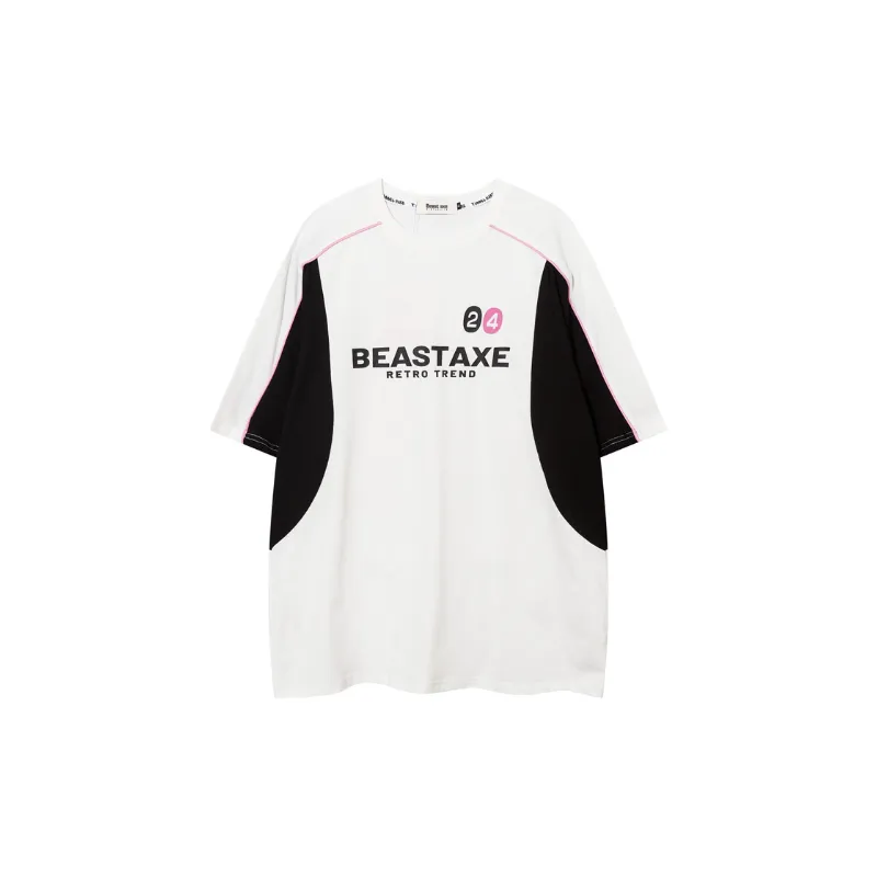 Retro Hip Hop Loose Color Stitching T Shirt-2