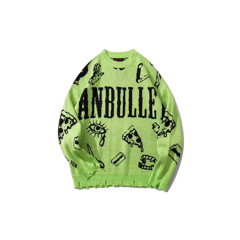 High Street Hip Hop with Hole Fashionable Loose Lazy Style Knitted Sweater-0