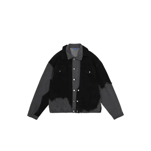 Gray-Black Spliced Frayed Collar Denim Jacket