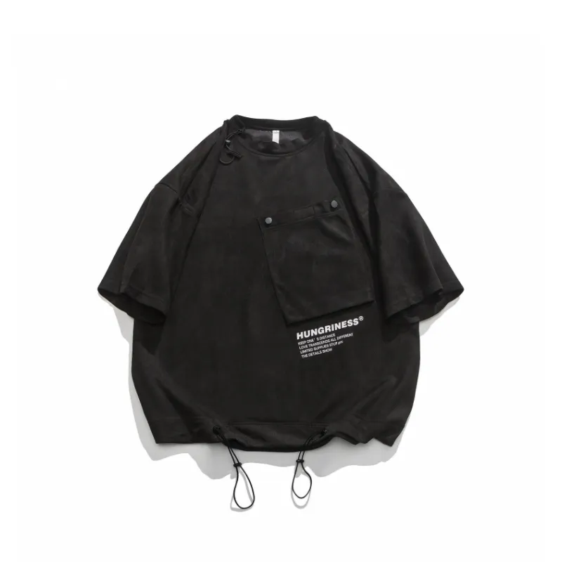 Retro Sports Drawstring Simple All match Short sleeved Trendy T shirt-0