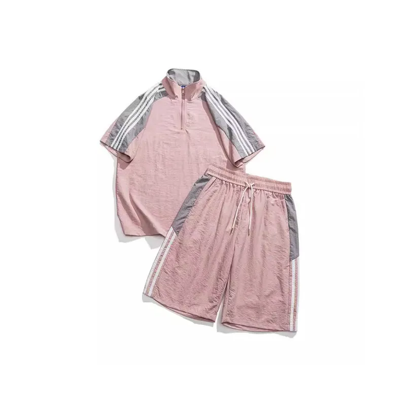 Sports Suit Men's Summer Ice Silk Quick drying Two piece Set Half zipper Short sleeved T shirt Casual Shorts With A Set Of Trendy-0