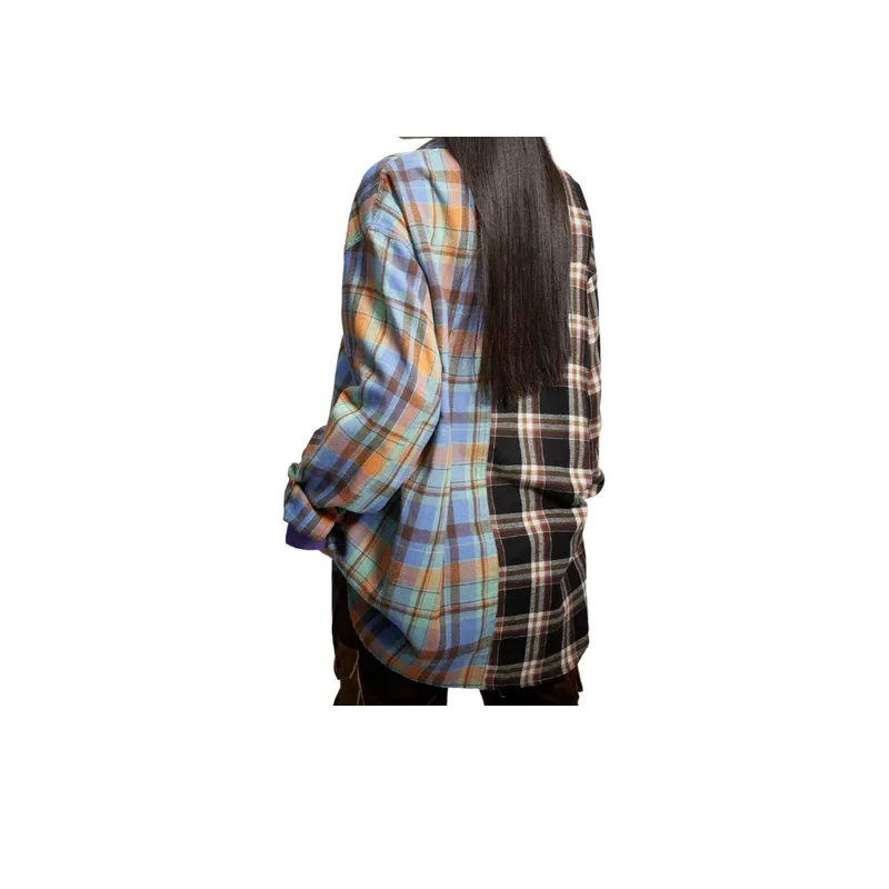 Retro Tide Double Color Plaid Stitching Long Sleeve Shirt-3