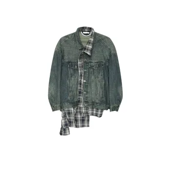 Plaid Irregular Stitching Fashion Denim Jacket