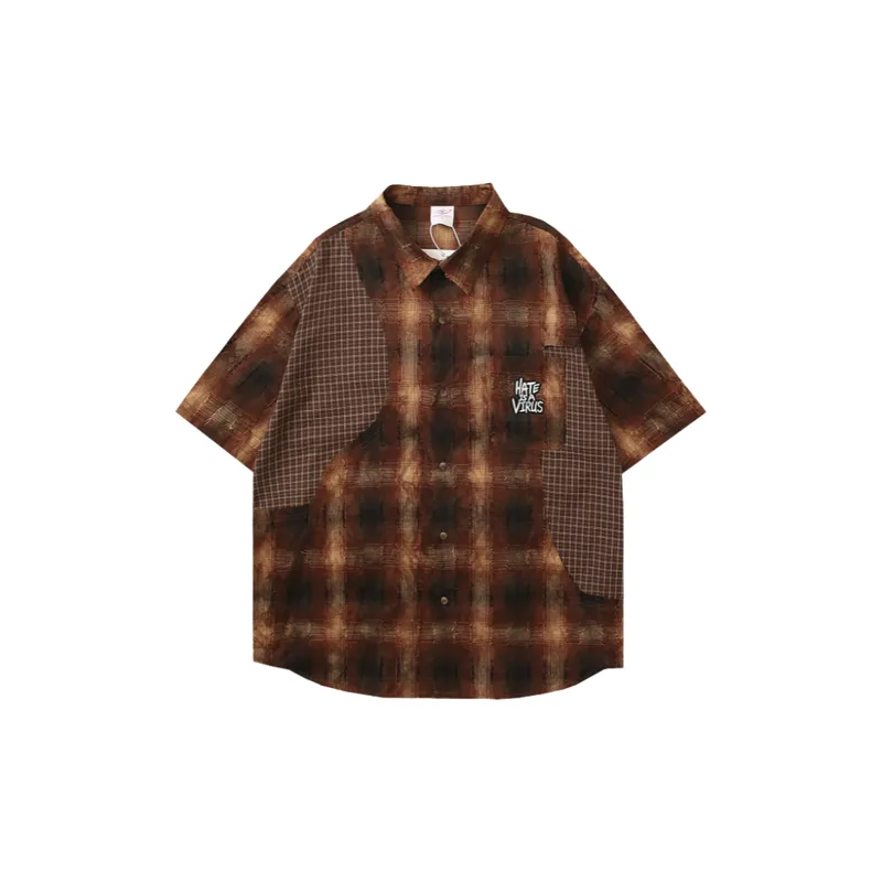 Retro Antique Plaid Tie Dye Stitching Embroidered Short Sleeved Shirt-4