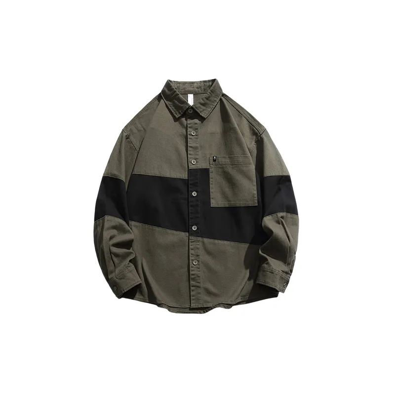 Long sleeved Retro Stitching Contrast Color Trendy Shirt-0