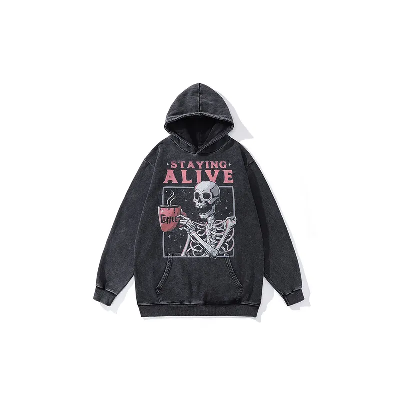 Punk Skull Print Heavy Dusted Hooded-0