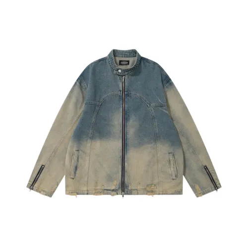 Retro Washed Old Hems Ripped Zipper Vertical Collar Denim Jacket