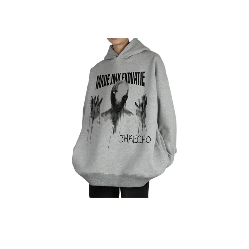 Retro Dark Ghost Print Fleece High Street Loose Hoodie-1