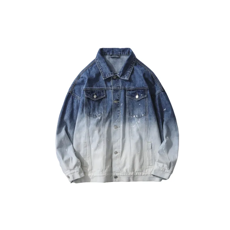 Retro Denim Gradient Color matching Washed Blue Tooling Jacket-0