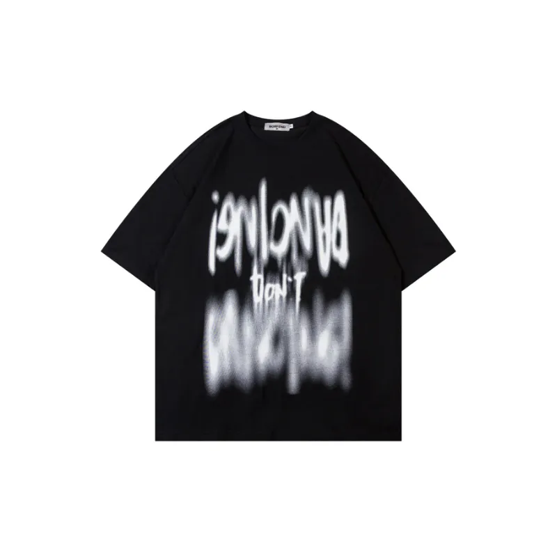 Retro Font Fuzzy Printing Craft Round Neck T shirt-6