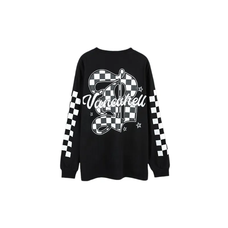 Retro Checkerboard Printed Long sleeved Trendy Ins Loose Casual Pullover T shirt-3