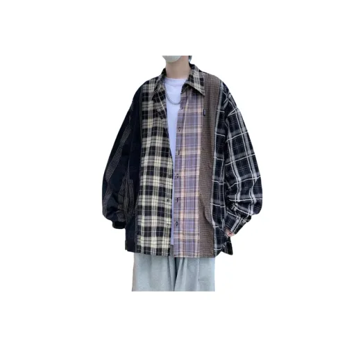 Plaid Long-sleeved Stitching Contrast Color Puffy Shirt