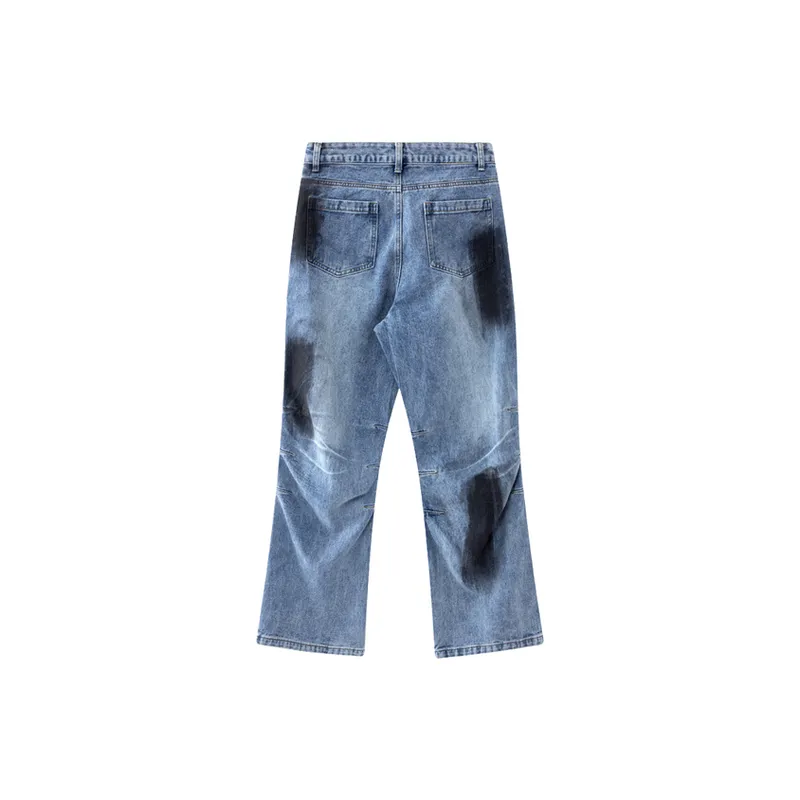 Trendy Contrast Color Pleated Washed Old Denim Straight Trousers-3