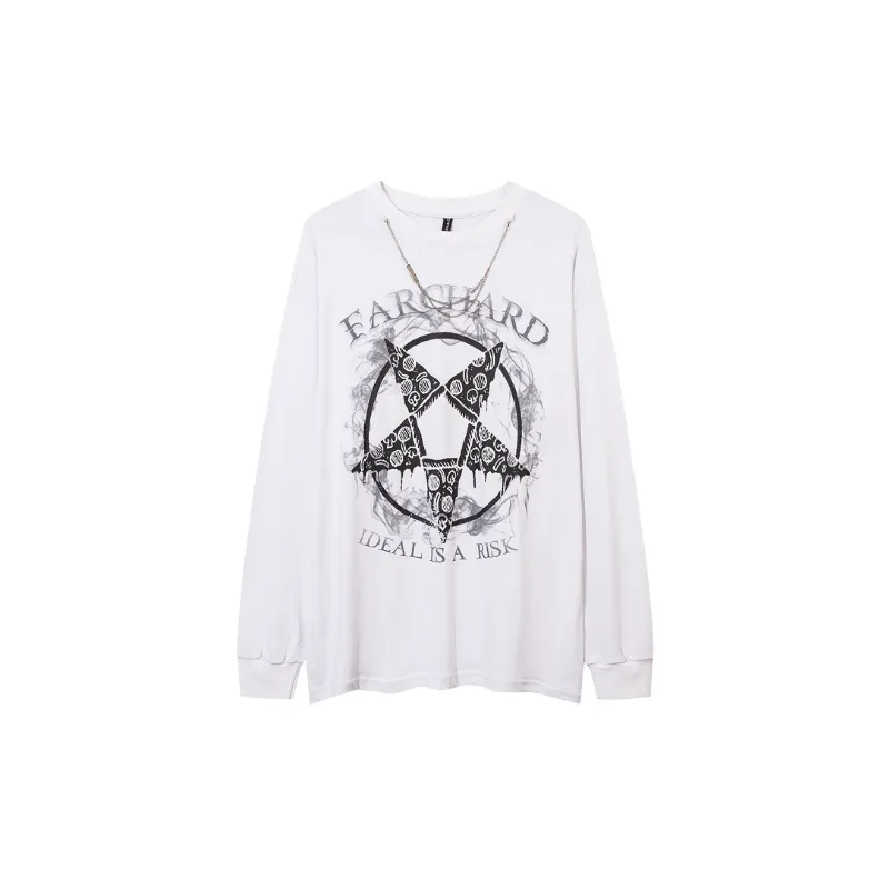 High Street Design Niche Star Print Round Neck Loose Necklace Long Sleeve T Shirt-0