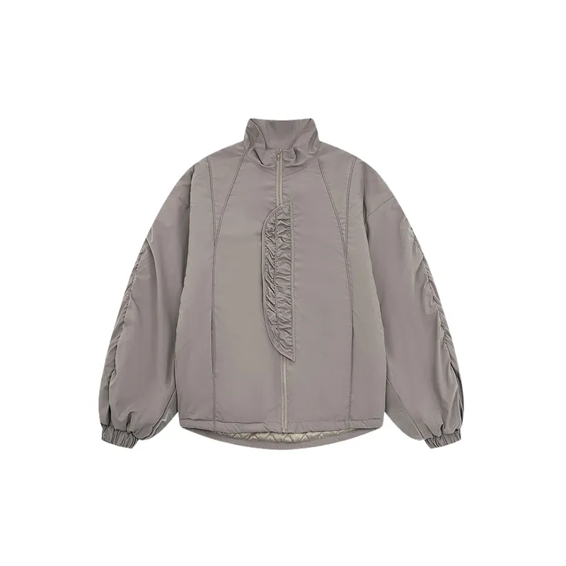 Retro Patching Pleated Flower Design Aviator Quilted Jacket-4