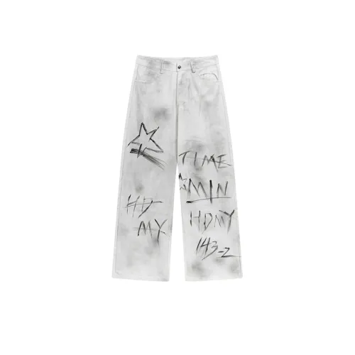 High Street Graffiti Letters Distinctive Dirty Color Distressed Straight Pants