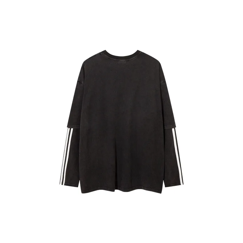 Retro Washed Old Printed Fake Two piece Long sleeved T shirt-5