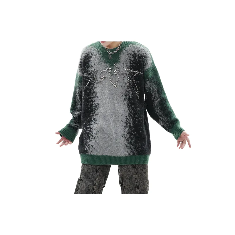 Retro Gradient Jacquard Metal Beads Decorative Contrast Crewneck Turtleneck Sweater-2