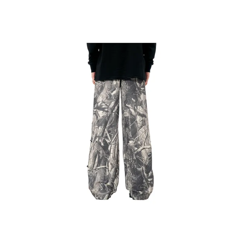 Casual Retro Design Leaf Camouflage Street Drawstring Loose Wide Leg Pants-2