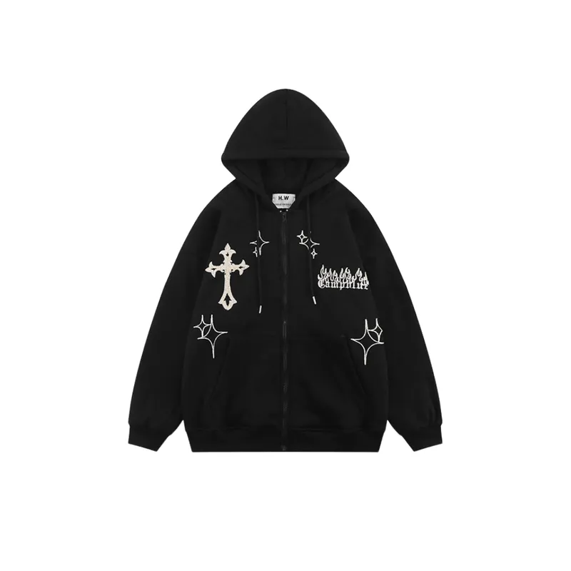 Cross Embroidered Zipper Hoodie-0