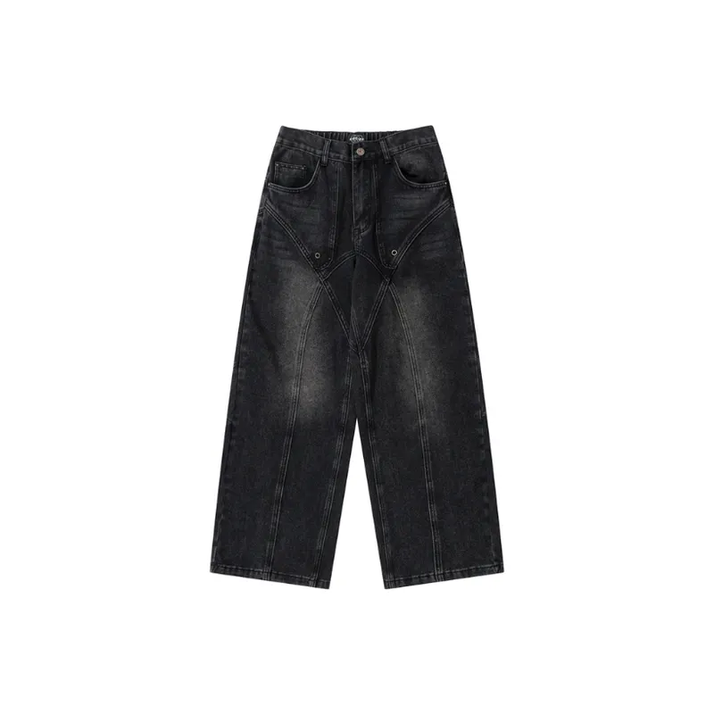 Vintage Washed Old Deconstructed Stitching Black Jeans