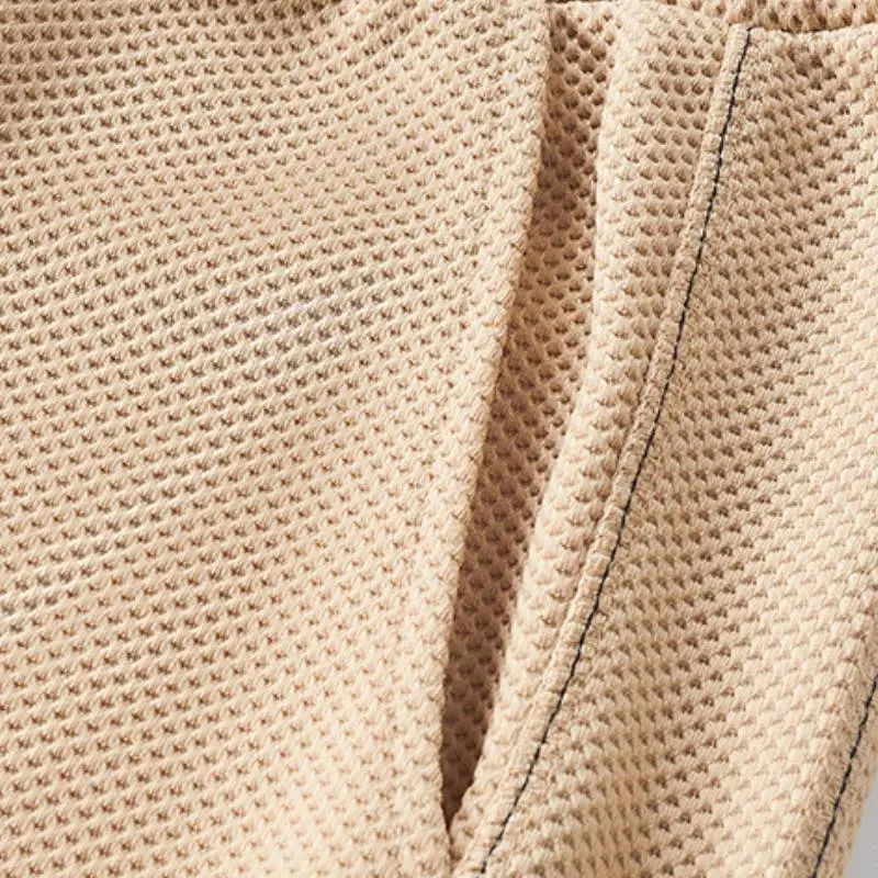 Loose Plain Waffle Checks Casual Shorts-4