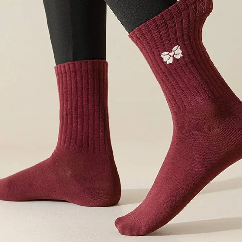 Simple Bow Combed Cotton Mid Calf Sock-2