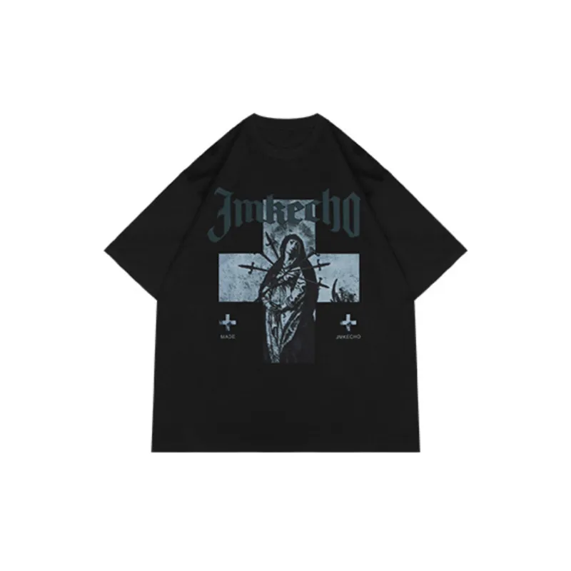 Retro Antique Washed Cross Figure Print T shirt-10
