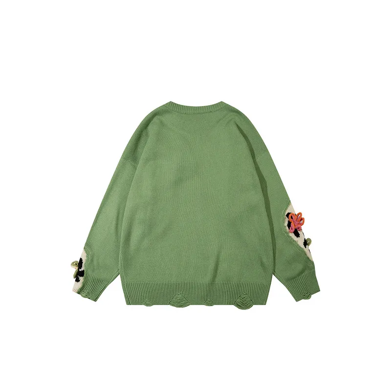 Tide High Street Lazy Style Small Flower Rip Knit Sweater-1
