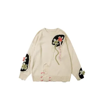 Tide High Street Lazy Style Small Flower Rip Knit Sweater