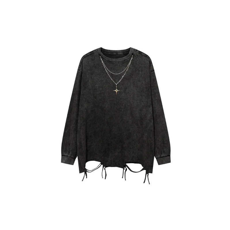 Original Small Batch Creative Rips and Washed Necklace Pullover Versatile Style Hoodie-6