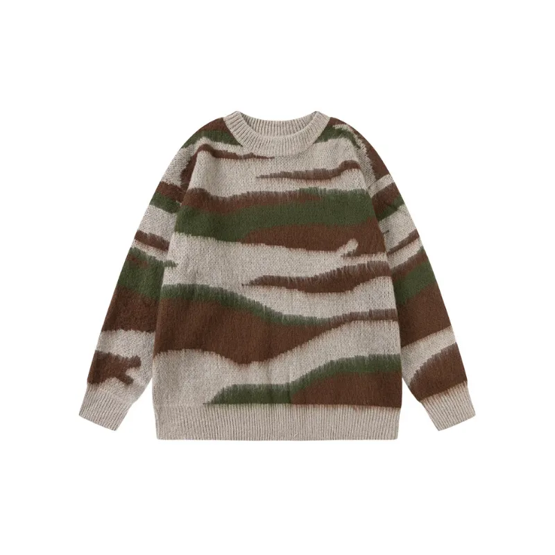 New Trend Color Contrast Design Creative Irregular Striped Crew Neck Knit