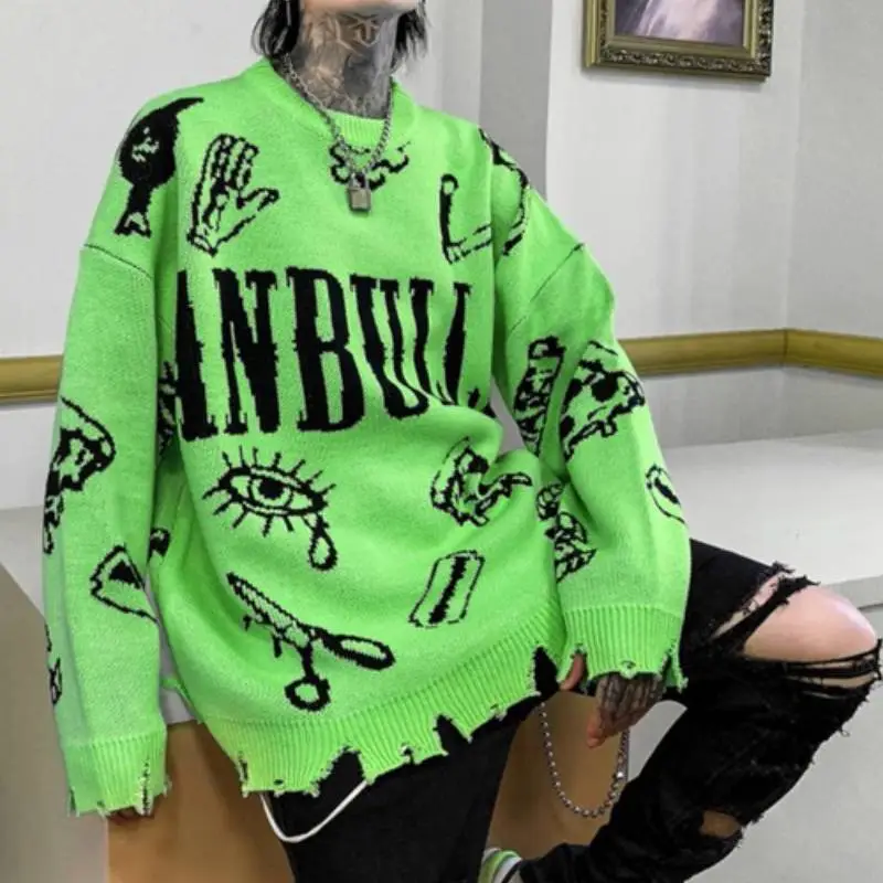 High Street Hip Hop with Hole Fashionable Loose Lazy Style Knitted Sweater-2