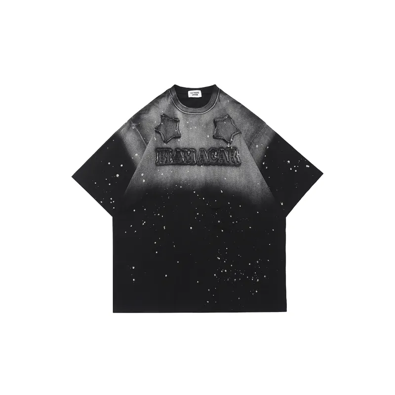 Washed Gradient Ink Patch Embroidered Short T Shirt-4