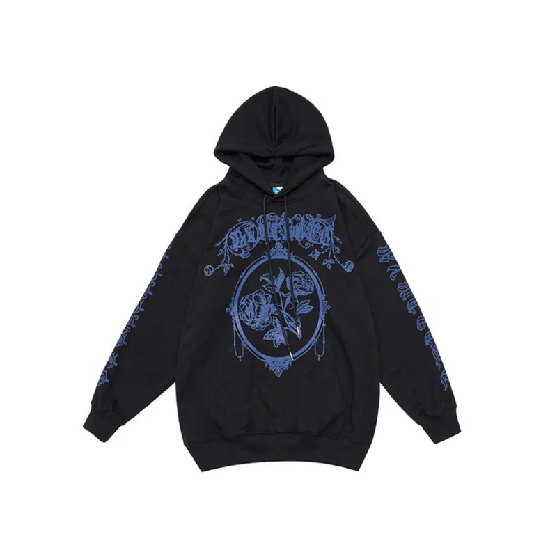 Flower Printed Loose Side Slit Pocket Hoodie-0