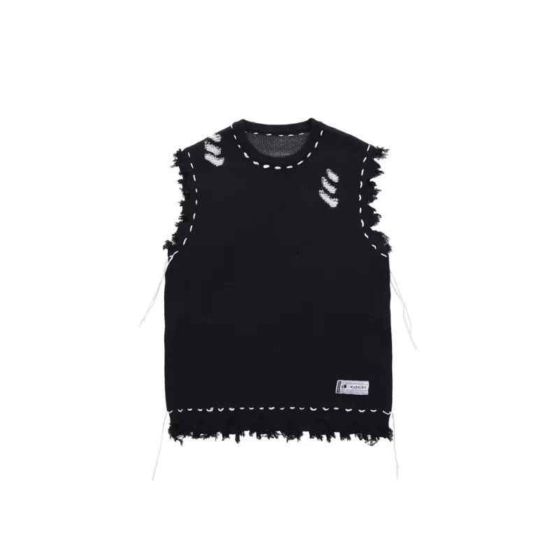 High street Destructive Sense Fur edged Vest Sleeveless Sweater-4