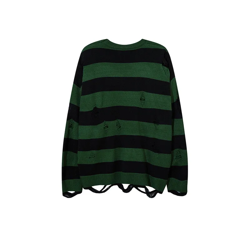 New Striped Hole Vintage High Street All match Loose Sweatshirt-4